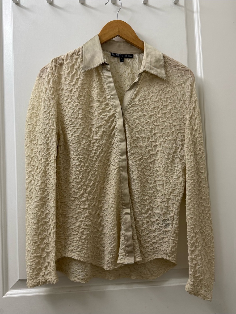 Beige Ivory Textured Long Sleeve Button-Down Blouse Gauze Lace Satin Line Detail